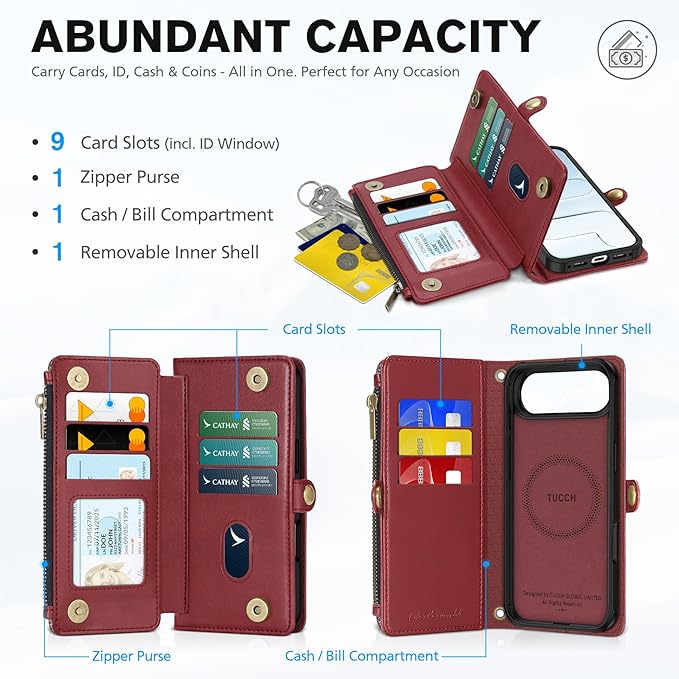 TUCCH Detachable Crossbody Case Wallet for iPhone Air 6.5", Wireless Charging | RFID Blocking 9 Card Holders | Lanyard | Wrist Strap | Stand | Zipper Pocket | PU Leather | Magnetic Cover | Dark Red