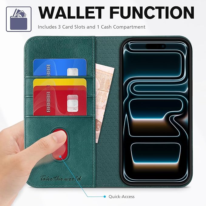 TUCCH Wallet Case for iPhone 17 Pro Max (6.9-Inch) 2025, 3 Credit Card Slot | RFID Blocking | Stand | PU Leather | Shockproof TPU Interior Shell | Protective Flip Folio Cover | Teal Blue