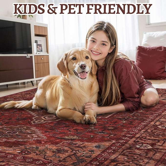 Tangsoo 2.6x8 Washable Runner Rug for Hallways, Non Slip Vintage Runner Rug, Soft Low Pile Long Rug Runner, Print Carpet Runners for Kitchen Bedroom Entryway Bathroom Living Room Dark Red
