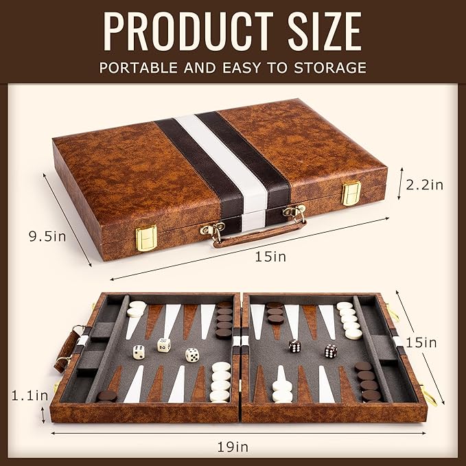 ropoda Backgammon Board Game Set (15 Inches) for Adults and Kids,Classic Board Strategy Game,Portable and Travel Backgammon Set with Premium Leather Case,Best Strategy & Tip Guide
