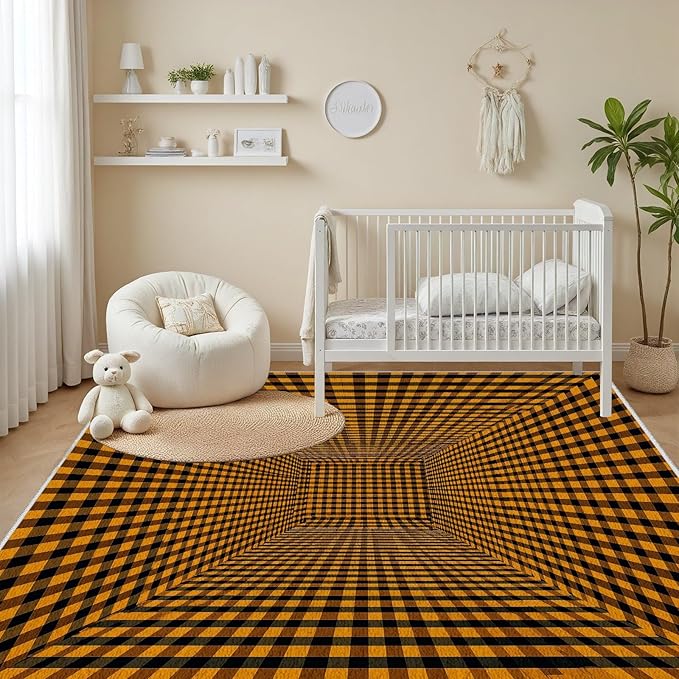 3D Rugs Optical Illusion - Plaid Rug 2x3, Geometric Stripes Soft Neutral Indoor Floor Mats Carpet, Non-Slip Stain Resistant Modern Orange Rug for Bedroom, Living Room Rugs