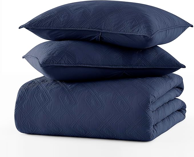WDCOZY 100% Cotton Oversized King Quilt Set - Navy Blue California Cal King Size Soft Lightweight Modern Bedspread, Farmhouse Country Rustic Coverlet, Textured Like Linen, Shabby Chic Bedding
