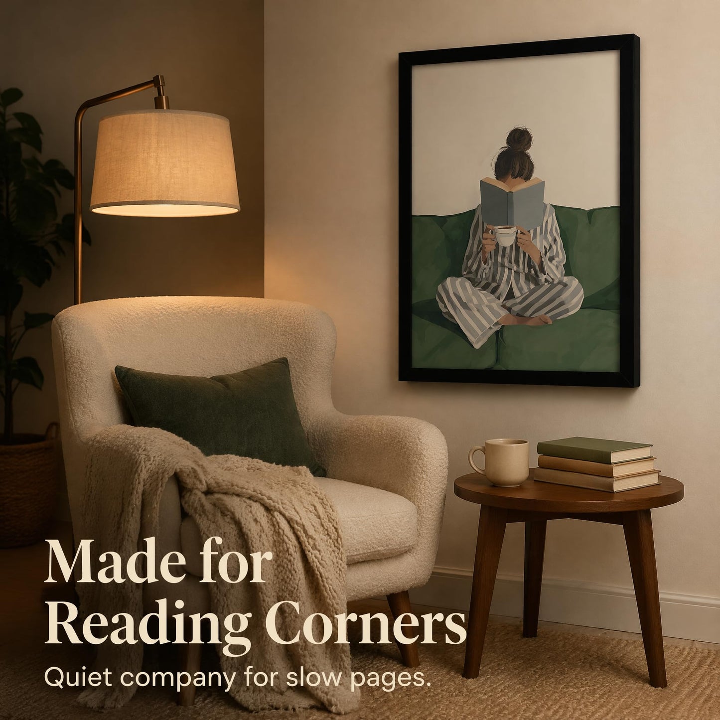 Framed Trendy Women Reading Book Wall Art Quiet Moment on The Sofa Art Prints Green Striped Painting Picture Modern Women's Minimalist Pictures Artwork for Living Room Bedroom Home office Wall Decor