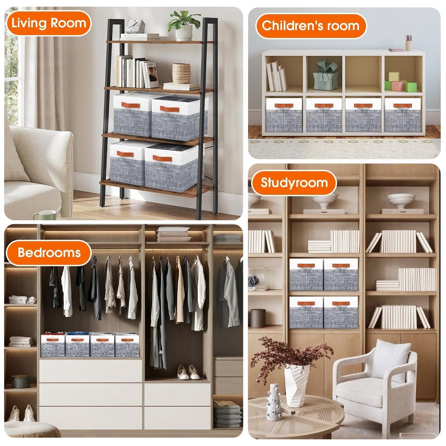 Fab totes Collapsible Storage Baskets for Shelves,14"x10", 4 Pack Foldable Fabric Storage Bins with Double Leather Handles, Large Baskets for Organizing Books, Clothes, White & Grey