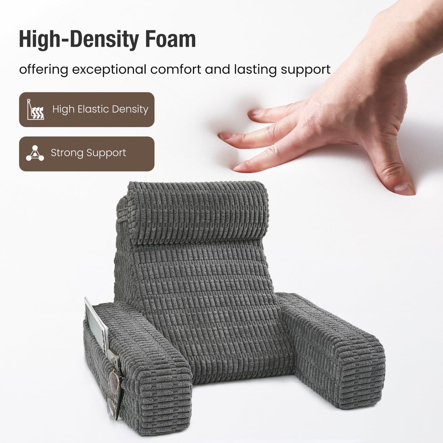 Selectico 19" Reading Pillow for Bed with Built-in Arms & Large Pockets, Supportive Backrest Cushion for Reading, Resting, or Reclining, Washable Cover – Grey