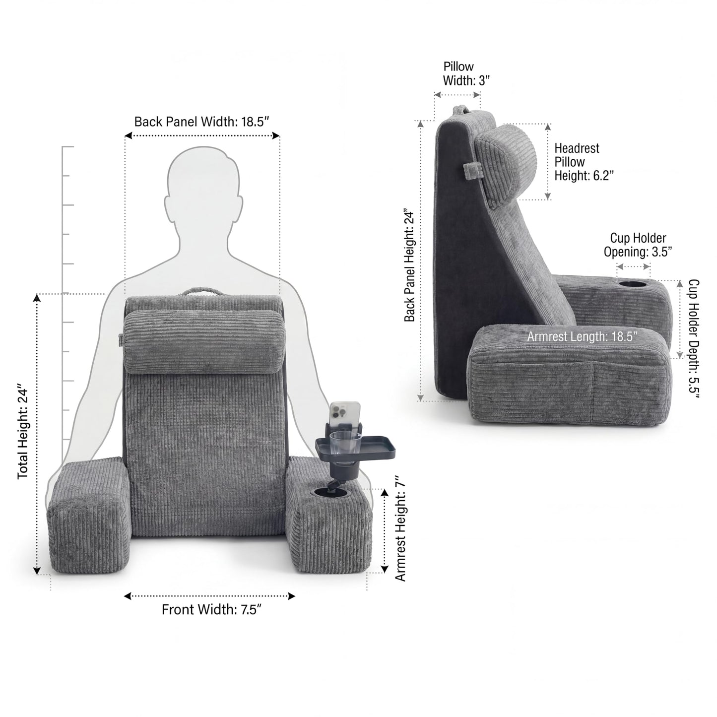 TabCouchCaddy Reading Pillow for Adults – 24” XL Memory Foam Backrest with Detachable Arms, Cup Holder, Phone Caddy & Adjustable Tray Mount | Back Pillow for Bed Sitting Up, Reading, TV & Recovery
