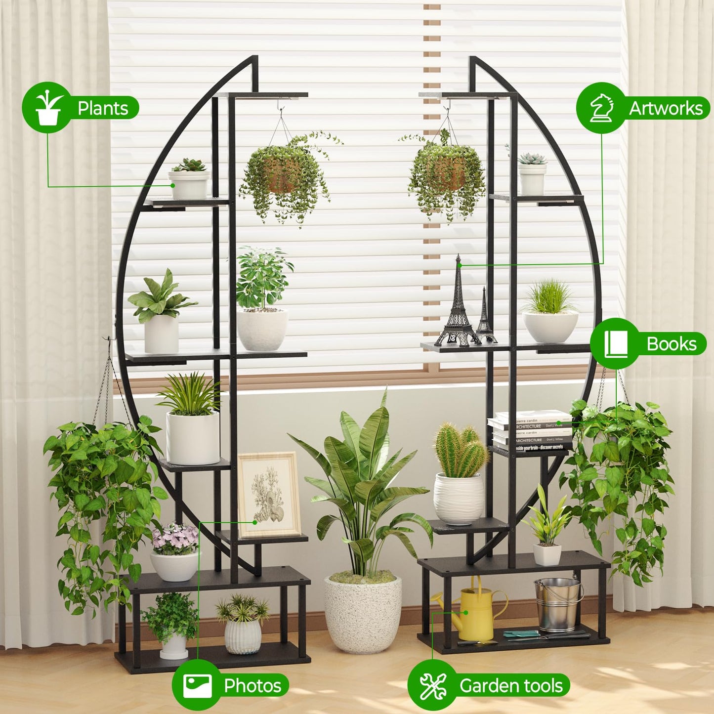 BLAZPATH Plant Stand Shelf Indoor with 6 Grow Light, 7 Tiered 65" Tall Black Large Half Moon Lighted Plant Rack Holder, 2 Pack Big High Circular Arch Multi Herb Stand with Built in LED Grow Light Set