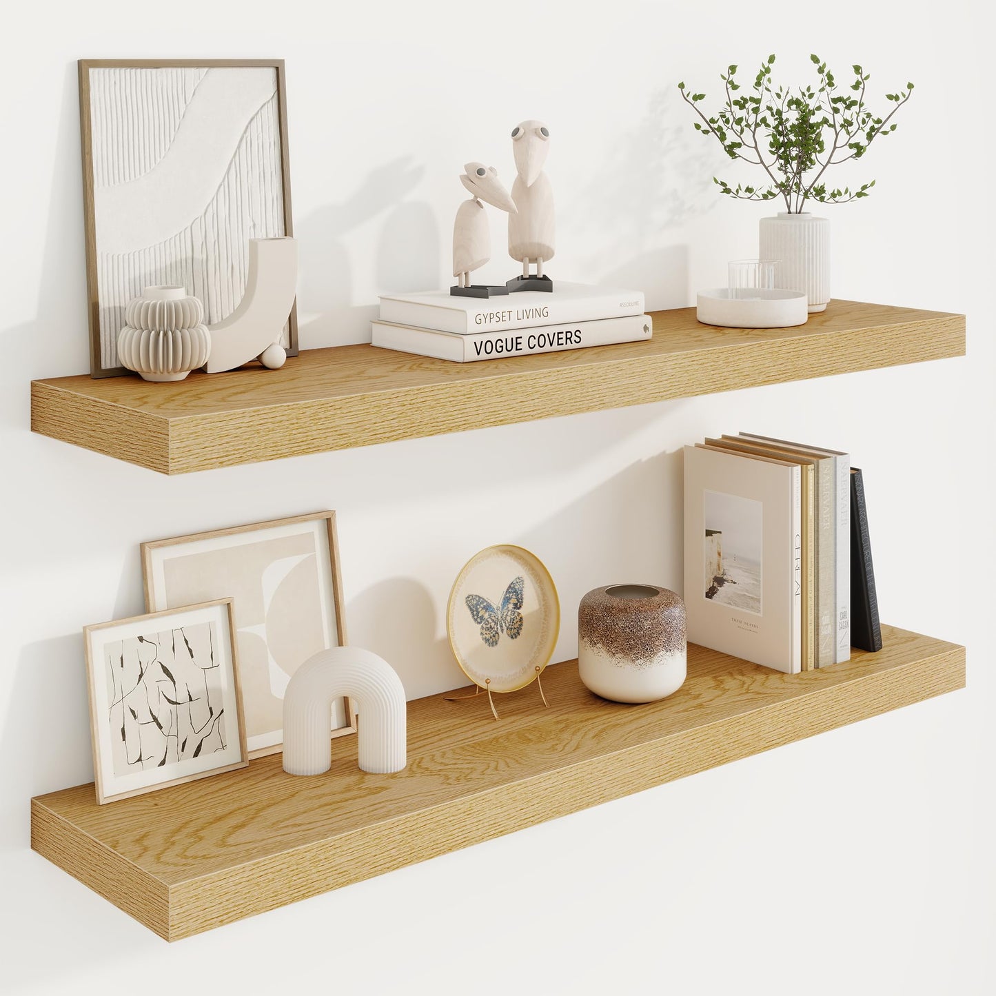 40in Floating Shelves for Wall, 40"W x 9.25"D x 1.25"H, 2 Pack Long Wall Mounted Engineered Wood Shelves with Invisible Brackets for Living Room, Bedroom, Bathroom, Kitchen Decor and Storage, Oak