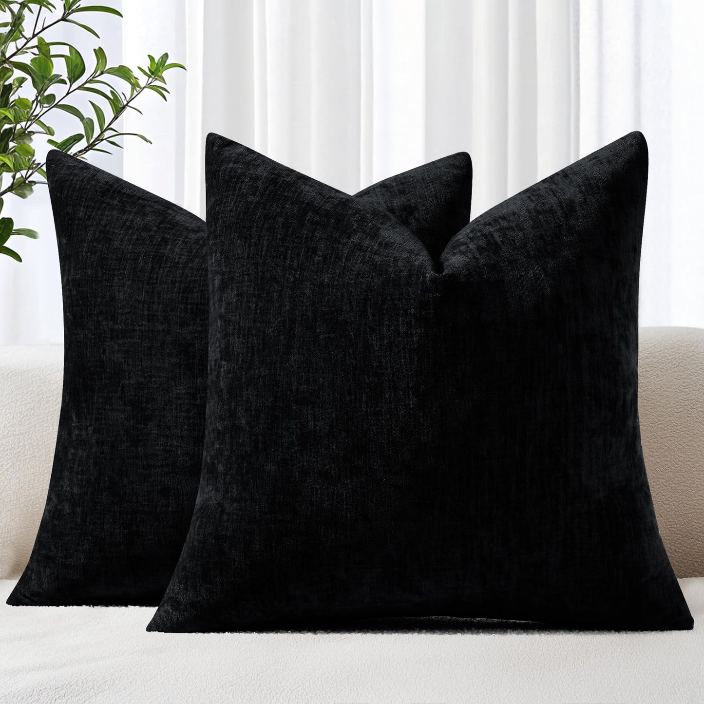 decorUhome Chenille Black Throw Pillow Covers 18x18 Inch Set of 2, Decorative Soft Couch Pillow Covers Solid Dyed Accent Farmhouse Neutral Square Pillow Cases for Sofa