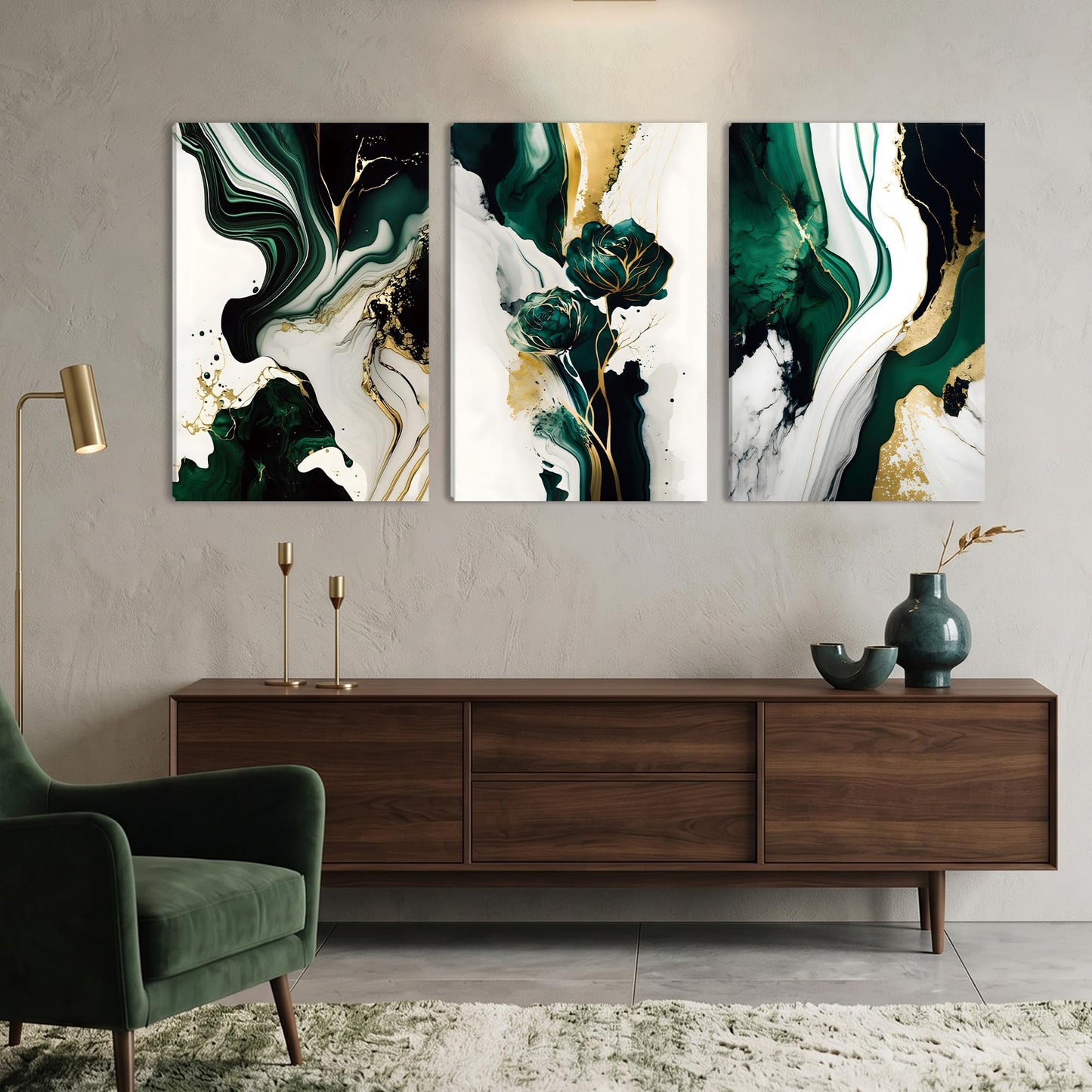 EJPFOGV Large Framed Abstract Wall Art Set of 3, Green and Gold Marble Texture with Floral Motif, Easy to Hang & Fade Resistant Art Prints, Wall Decor for Bedroom, Living Room, Home Office, 24x36 Inch