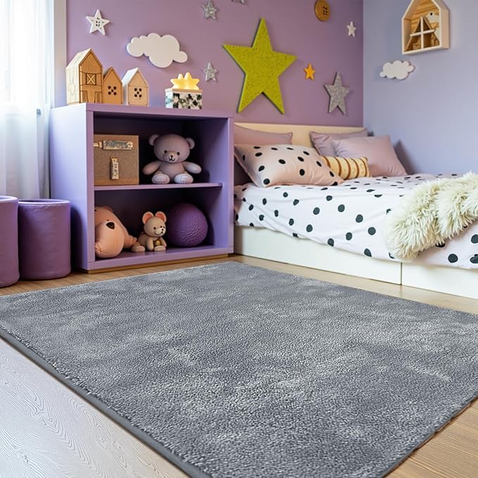 jinchan Solid Plush Area Rug 4x6 Performance Shaggy Washable Rug Indoor Soft Modern Faux Wool Cozy Non Slip Carpet for Living Room Kids Room Bedroom Dining Room Nursery Grey