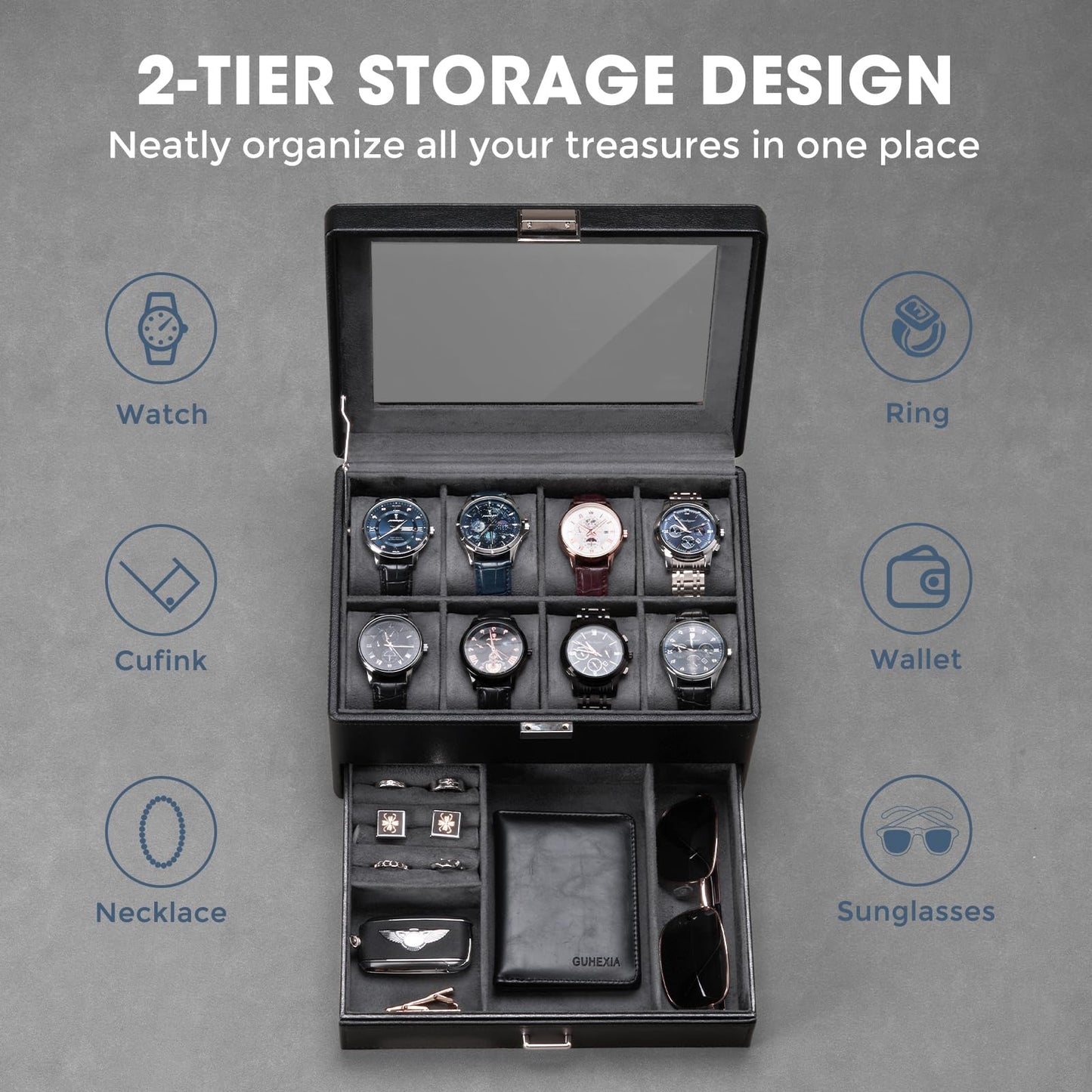 ProCase Premium Watch Box for Men, Fathers Day Gift for Dad Jewelry Organizer Box with Drawer, Display Storage Case with Glass Lid -Black, 8 Slot