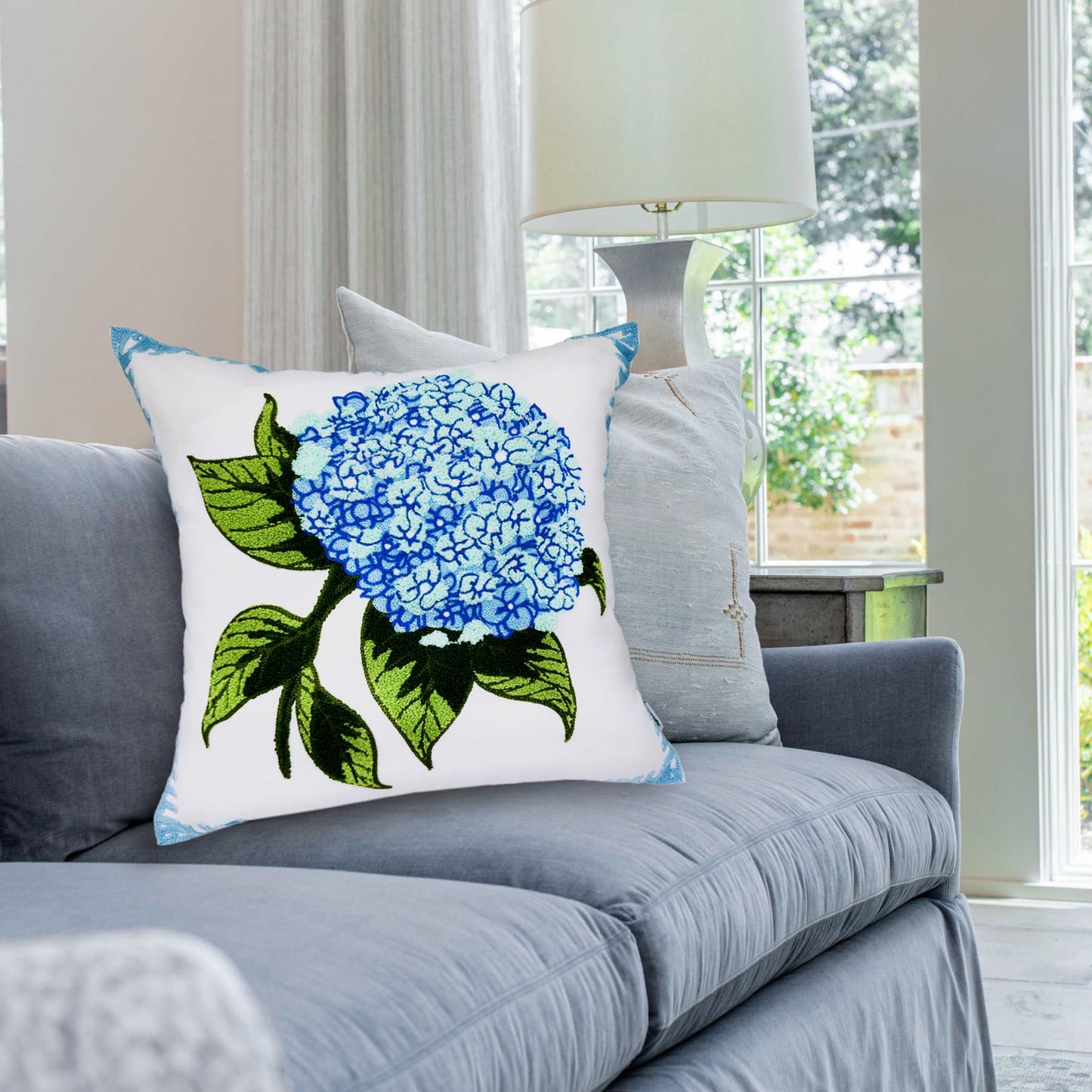 Alysheer Spring Hydrangea Embroidered Decorative Throw Pillow Covers 18"x 18" Set of 2, Summer Blue Green Floral Tufted Patterned Cotton Cushion Cases for Couch Bed Living Room Decor