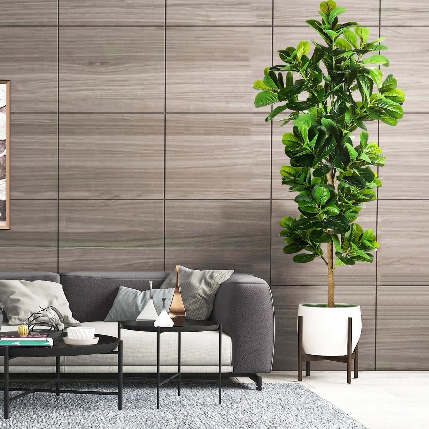 OXLLXO 7.3ft Artificial Fiddle Leaf Fig Tree (87in) with Plastic Nursery Pot Faux Tree, Ficus Lyrata Fake Plant for Office House Farmhouse Living Room Home Decor (Indoor/Outdoor)