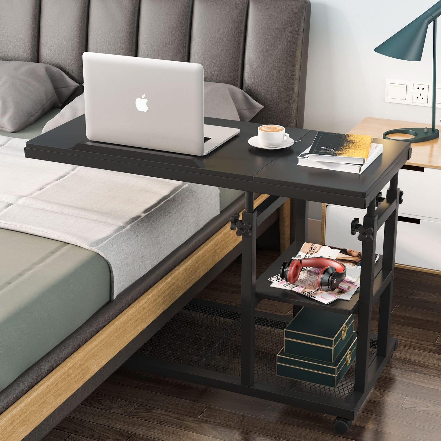 Tribesigns Height Adjustable C Table with Wheels, Mobile Couch Snack Side Table with Tiltable Drawing Board, Sofa Bedside Laptop Stand C Shaped TV Tray with Storage Shelves (Black)