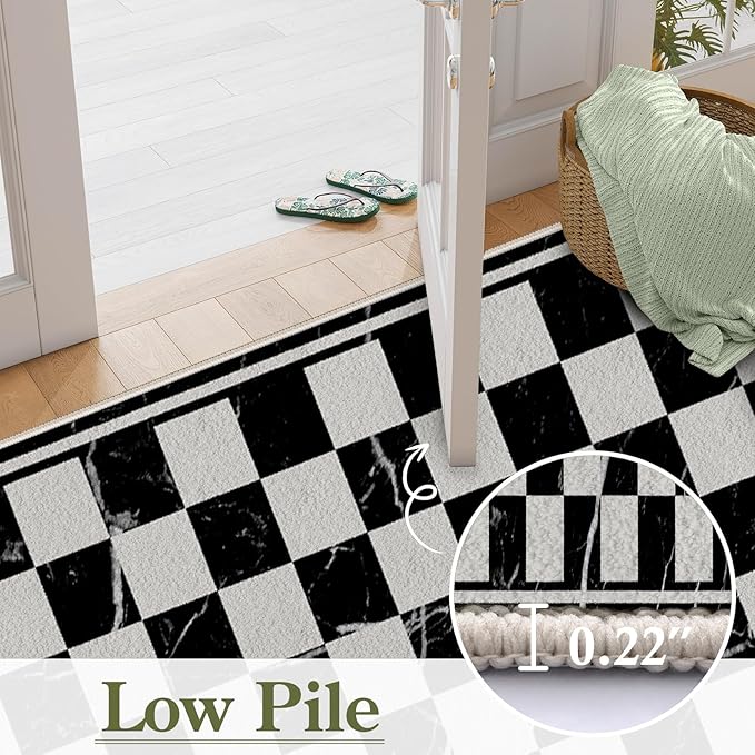 Grey Black Checkered Kitchen Hallway Carpet, 1.3x7ft, Abstract Black Marble Indoor Decor Washable Rugs, Durable Soft Cozy Non Slip Rug, Breathable Non Shedding Mats for Front Porch