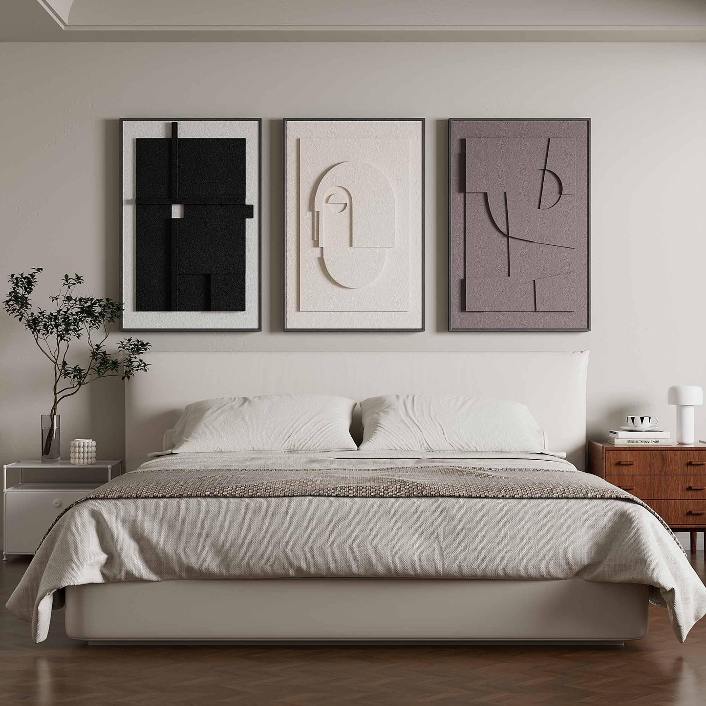 Large 3D Textured Framed Wall Art for Living Room, 3pcs Abstract Geometric Relief Artwork for Walls, Modern Neutral Black Beige Sandstone Plaster Pictures for Entryway Foyer Home Decor, 24x36 Inch