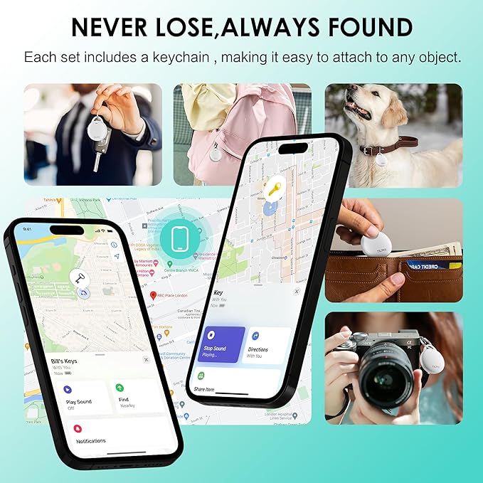 Air Tracker Tags-4 Pack: Bluetooth Tracker Works with Apple Find My (iOS Only), Key Tags and Smart Tag Locator for Luggage, Backpack, Suitcases, Pets, Replaceable Battery(White)