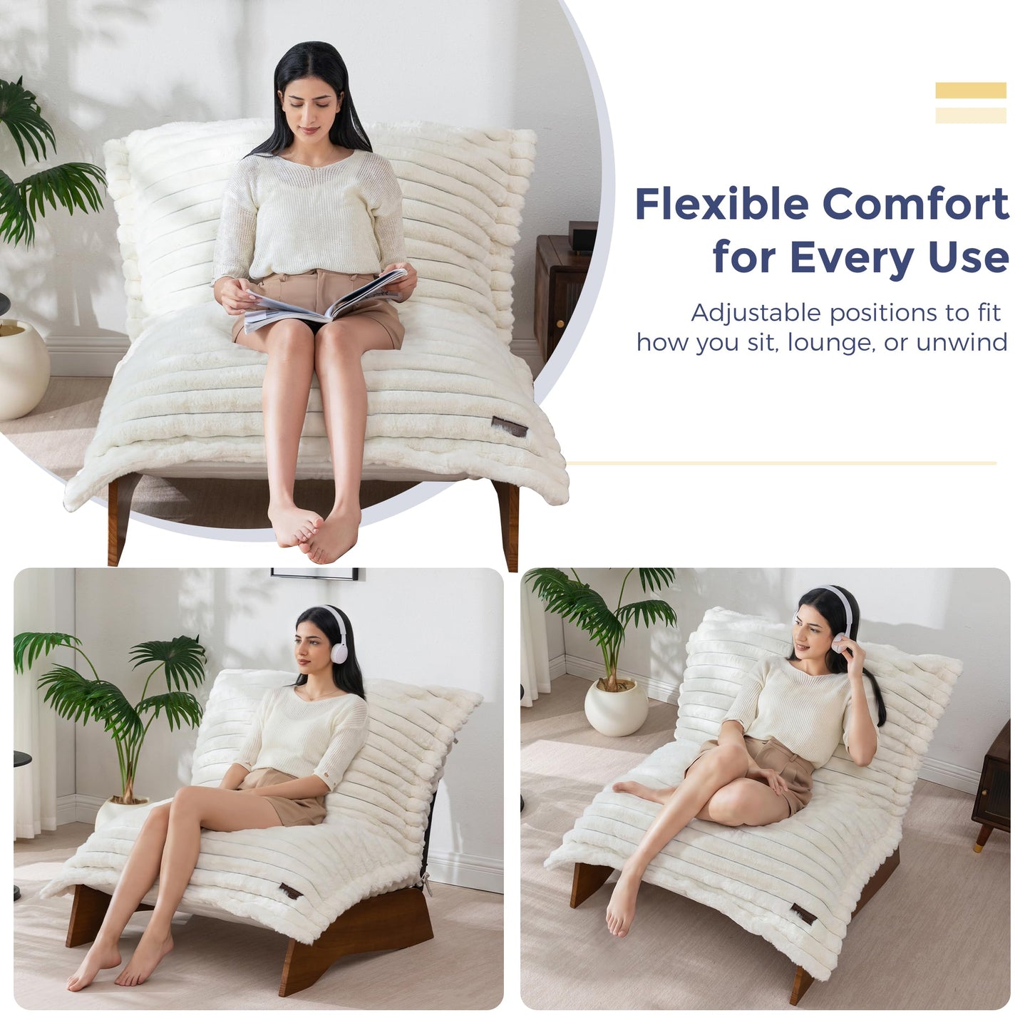 MAXYOYO Adjustable Living Room Chair, Convertible Bean Bag Chair & Recliner with Frame, Removable Cushion Floor Sofa Striped Fabric, Soft Upholstered Lounge for Bedroom, Dorm, Beige