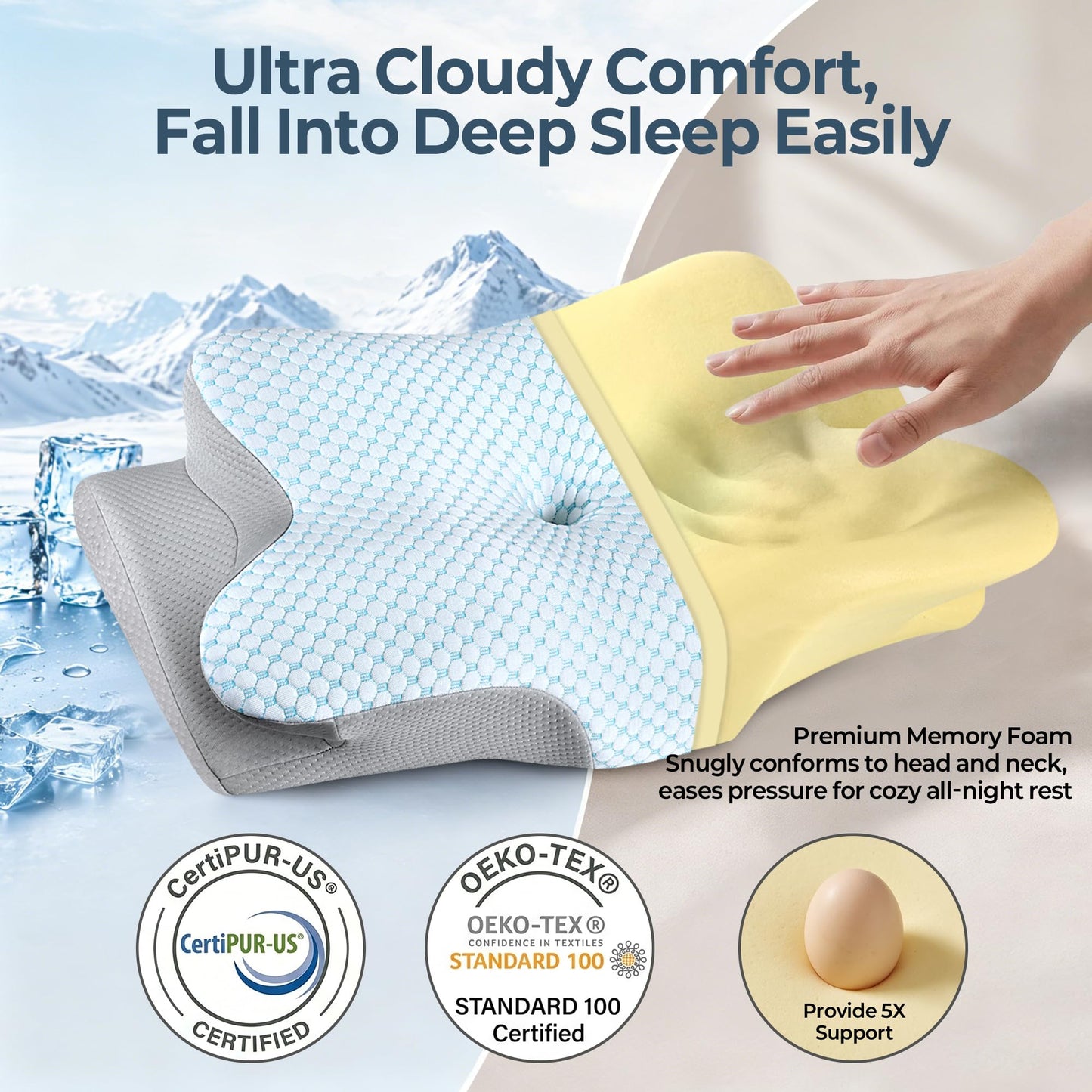 Cervical Neck Pillow for Pain Relief - Ergonomic Side Sleeper Pillow for Neck Support, Contour Orthopedic Cervical Pillow for Sleeping, Cooling Memory Foam Pillows for Back Stomach Sleepers (Blue)