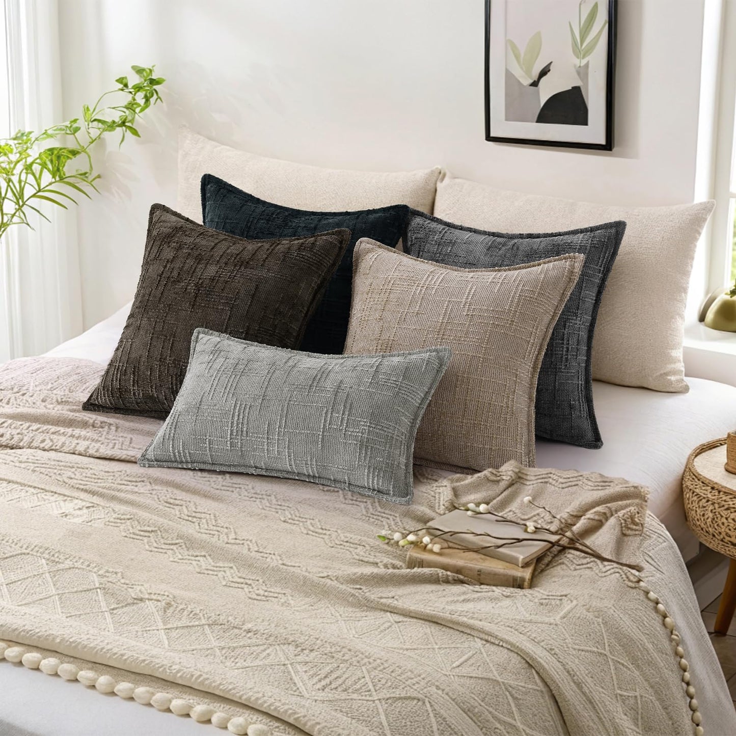 decorUhome Chenille Throw Pillow Covers 26x26 Set of 2, Soft Textured Slubby Modern Decorative Pillow Covers with Elegant Design for Couch, Sofa, Living Room, Grey
