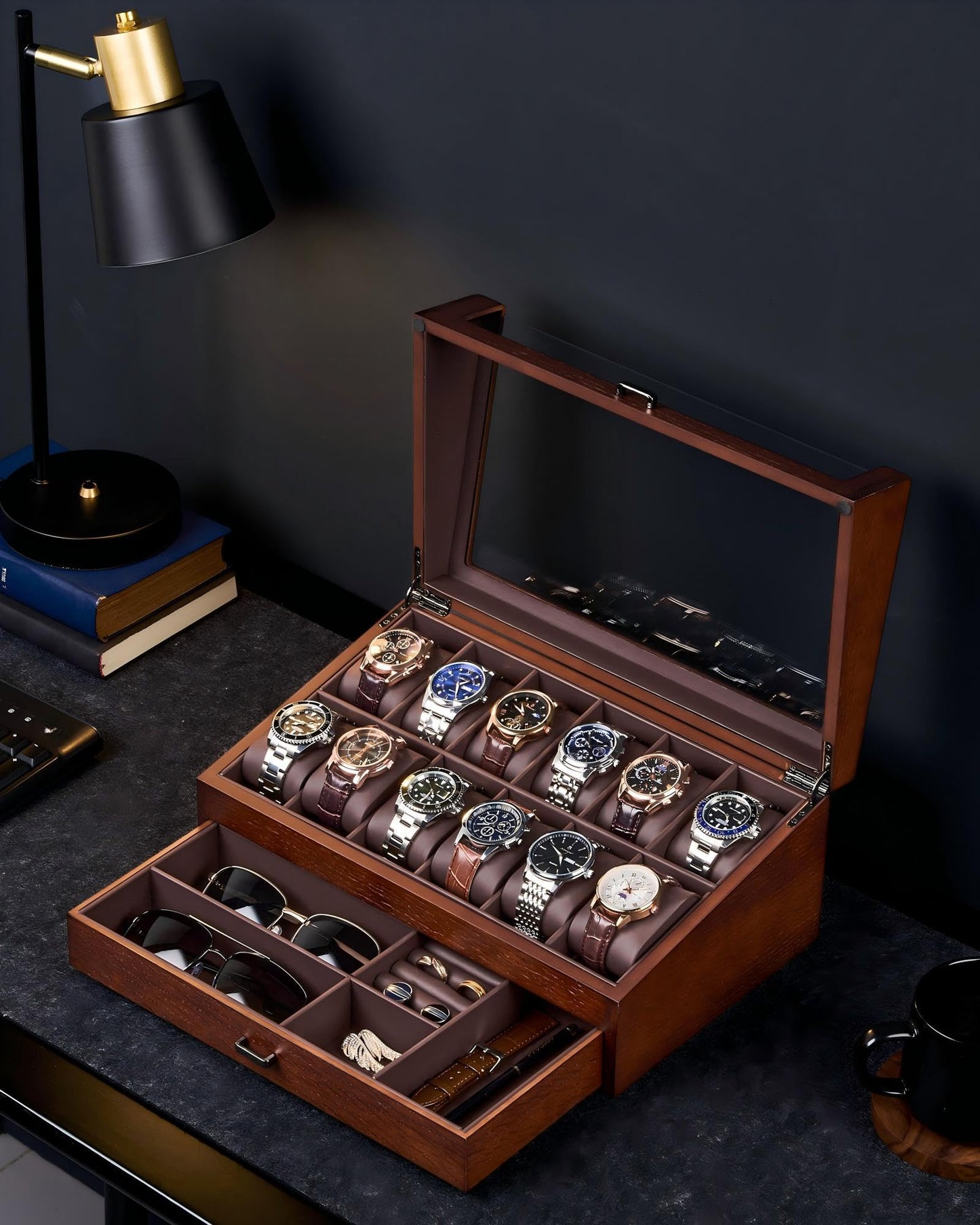 ProCase High End Wooden Watch Box for Men, 2-Layer Wood Watch Display Case Men's Jewelry Organizer Box with Drawer, Fathers Day Gift -12 Slot, Walnut