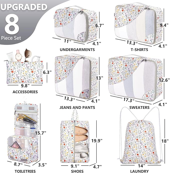 8 Set Packing Cubes for Travel, Gifts for Women Mom,Anti-Tearing Suitcase Organizer for Luggage with Shoe & Hanging Toiletry Bag,OlarHike Vacation Essentials & Accessories for Cruise Ship,Flower