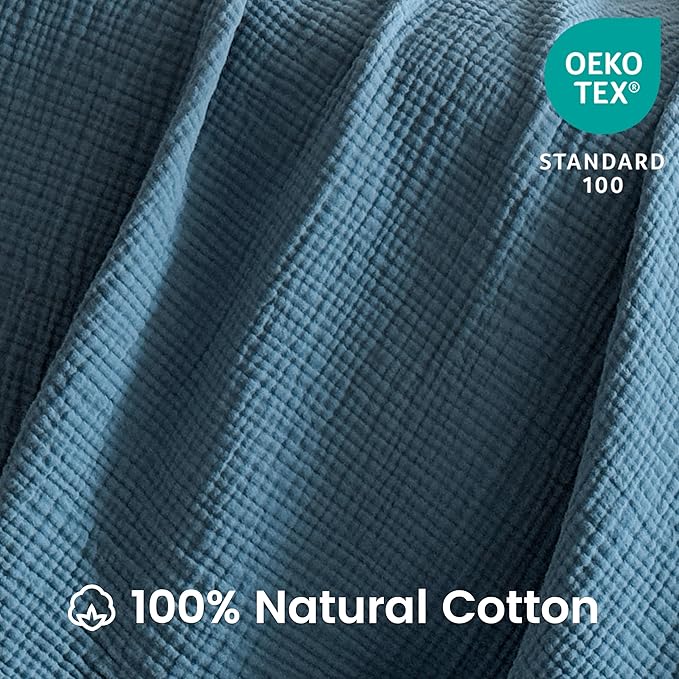 FALUCA Cotton Muslin Reversible Blanket Queen Size for Bed, Couch, Four Layers Blanket, Soft Lightweight Cozy Breathable Farmhouse Decoration for All-Season, Light Blue