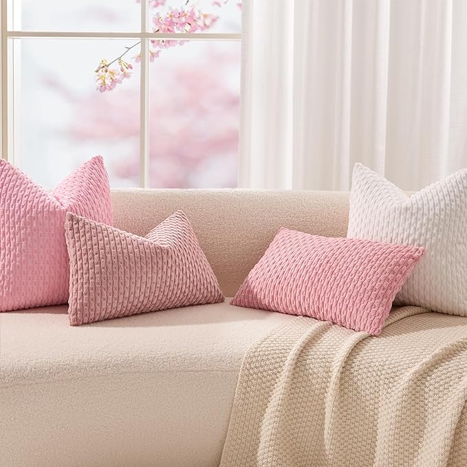 Kevin Textile Valentines Day Decorative Pillow Covers Set of 2 Striped Plush Corduroy Pillows Pillowcases Boho Home Decor Cushion Covers for Couch Sofa Bed Living Room 20x20 Inch, Dark Pink