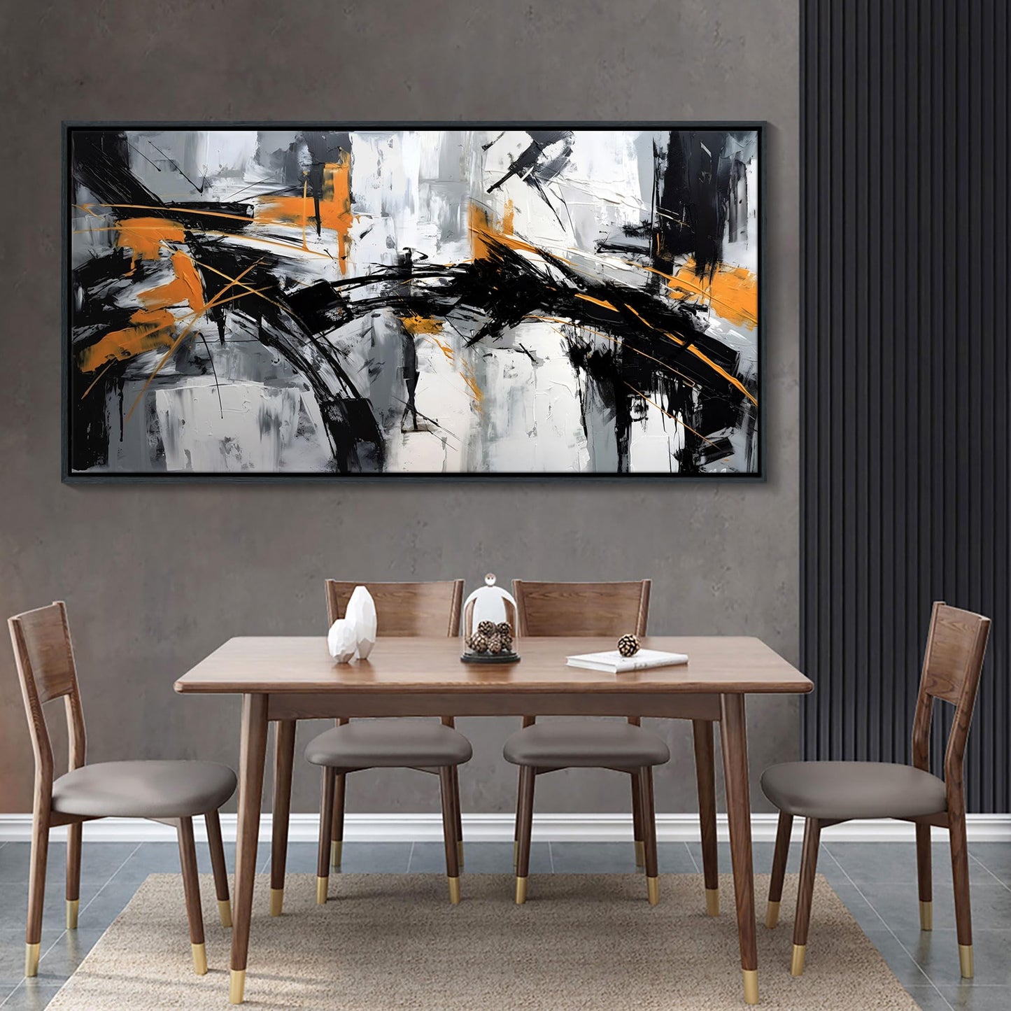 Framed Large Abstract Canvas Wall Art Modern Wall Art for Living Room - Canvas Wall Decor for Office and Home - Framed Artwork for Walls Black, White, Gray and Unique Orange Accents 29×58in