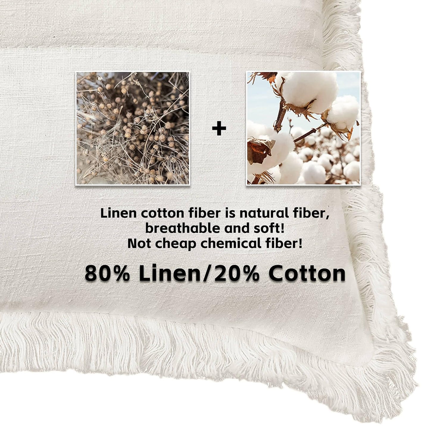 AmHoo Pack of 2 Linen Pillow Covers with Tassels Fringed Decorative Rustic Natural Throw Pillowcase Cushion for Couch Sofa Bedroom 18 x 18-Inch Off White