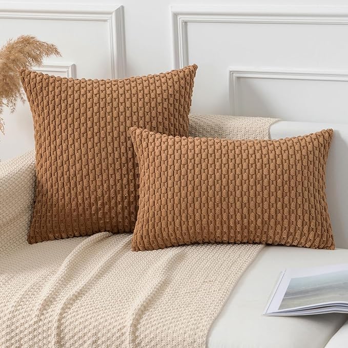 Kevin Textile Throw Pillow Covers Soft Corduroy Decorative Set of 2 Boho Striped Pillow Covers Pillowcases Farmhouse Home Decor for Couch Bed Sofa Living Room 24x24 Inch Khaki