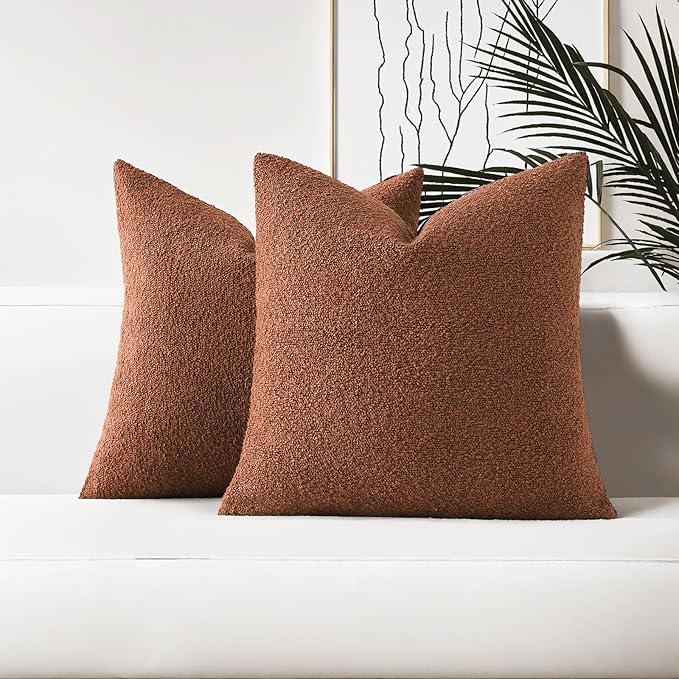 HAUSSY Set of 2 26x26 Decorative Throw Pillow Covers, Soft Cozy Euro Pillow Shams Textured Boucle, Home Decor for Couch Bed Living Room, Rust