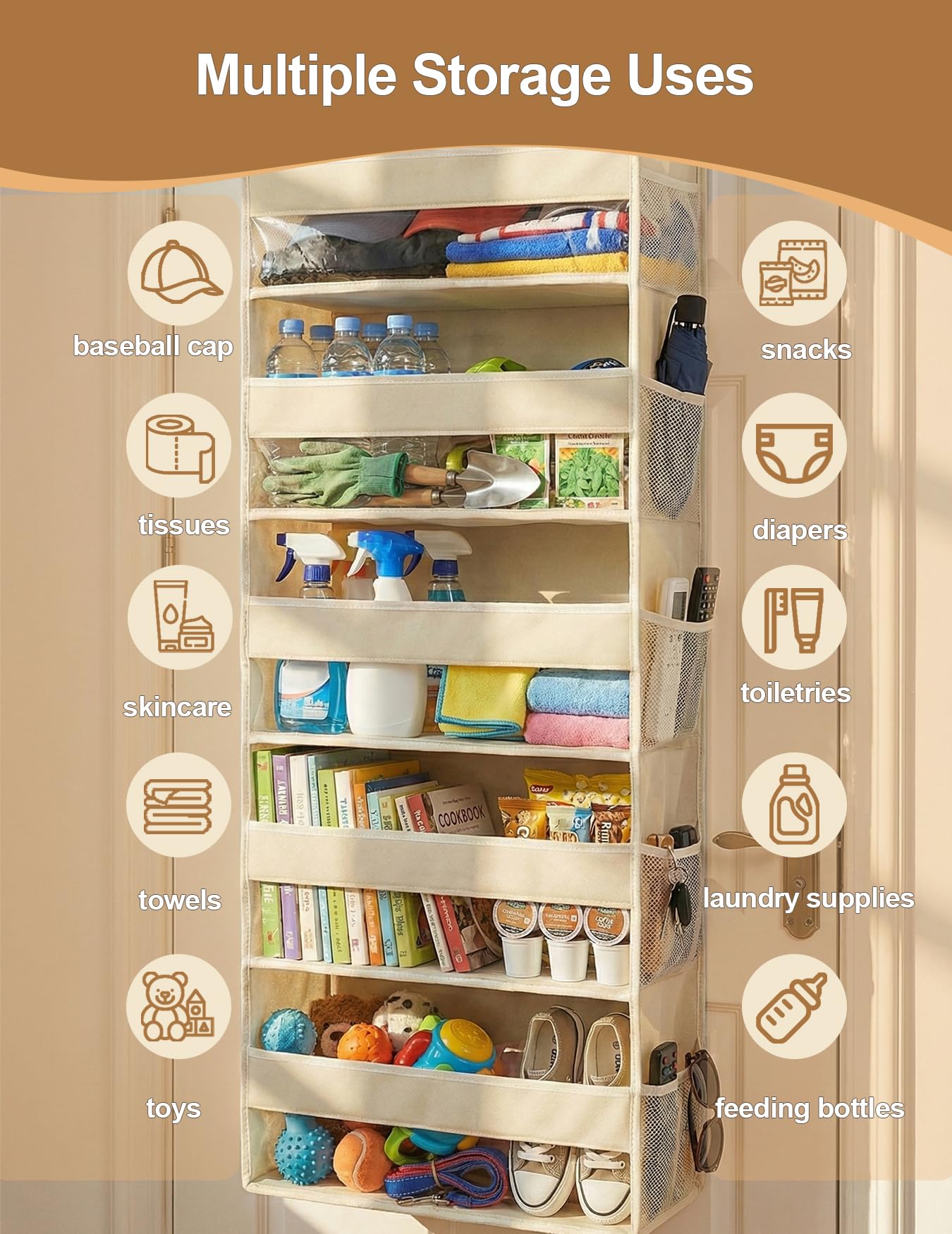 Hasosodo Over the Door Organizer 5-Shelf Closet Hanging Storage with 10 Mesh Pockets, 50 lbs Weight Capacity Door Organizer Hanging for Bathroom, Bedroom, Baby Nursery and Pantry, Ivory