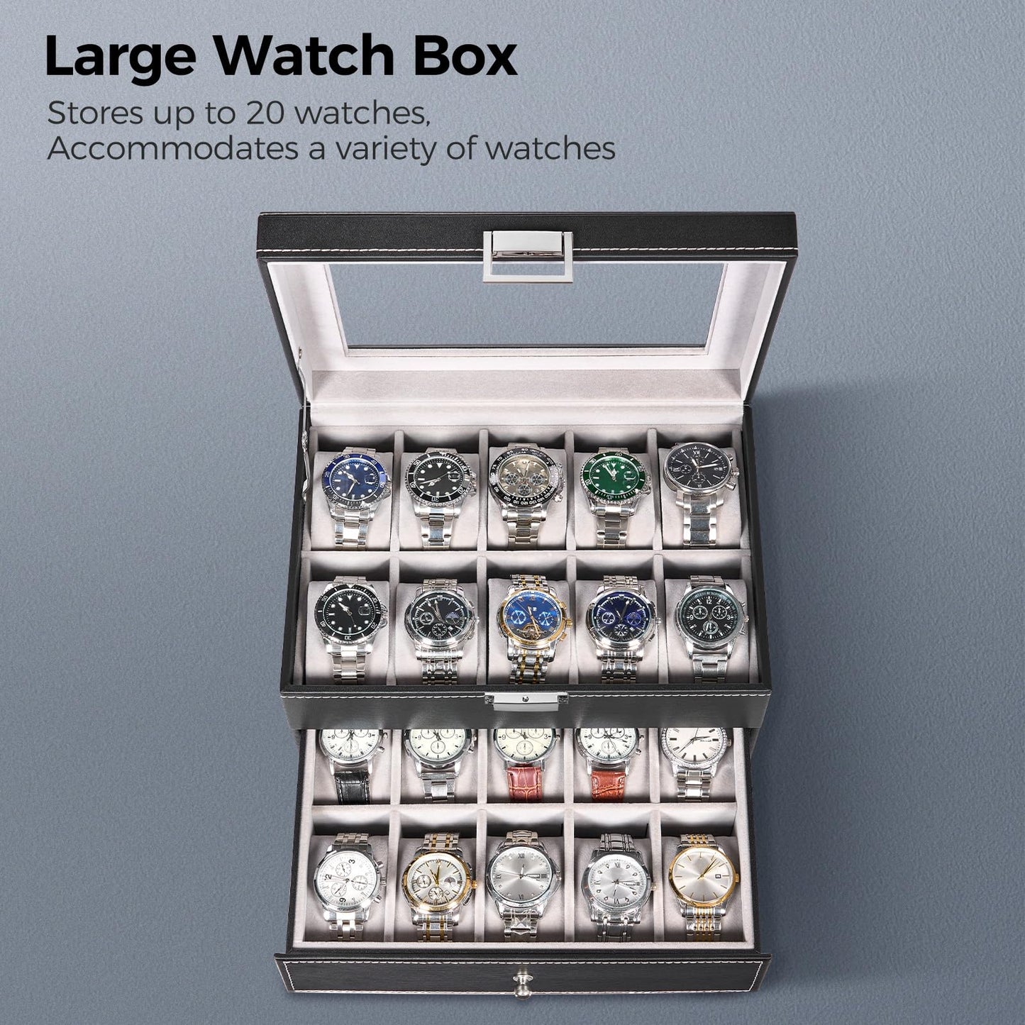 BEWISHOME Watch Case, 20-Slot Watch Box Organizer for Men Watch Case with Large Glass Lid Watch Travel Case Removable Watch Pillows, Mens Jewelry Box Watch Display Case, Watch Storage, Black SSH04B