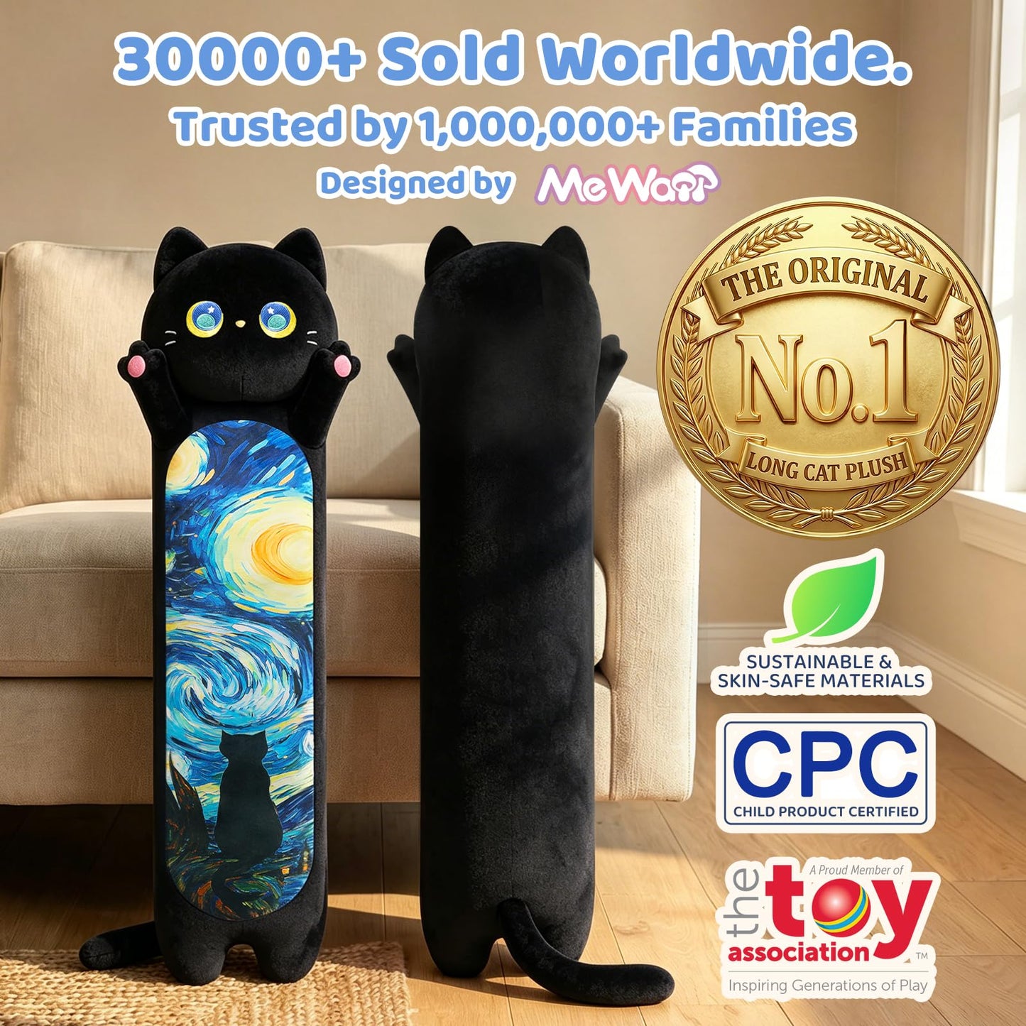 Mewaii Long Cat Plush 5 Sizes, 120% Extra Filling Giant Plushness Kids Body Pillow, Kawaii Cute Black Starry Cat Stuffed Animals Plushies, Big Long Black Cat Body Pillow Plush Gift for Girls 20”