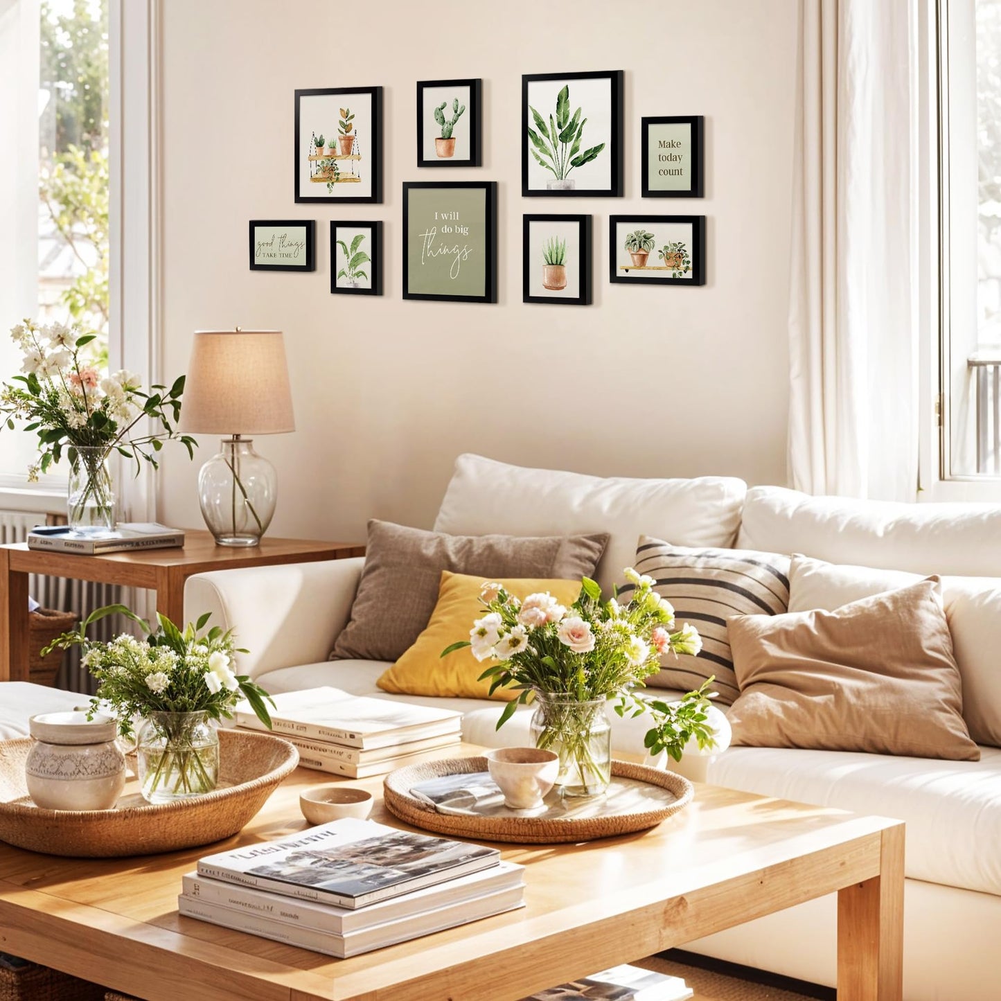 ArtbyHannah 9-Piece Botanical Gallery Wall Art Set, Sage Green Plant Prints with Black Frames, Neutral Decor for Modern Living Room Bedroom Staircase Nursery