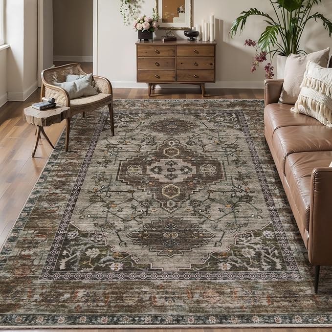 Tangsoo 5x7 Area Rug Washable Rug for Living Room, Vintage Indoor Non Slip Large Area Rugs, Print Distressed Carpet, Soft Low Pile Foldable Floor Rug for Bedroom Dining Room Dorm Grey