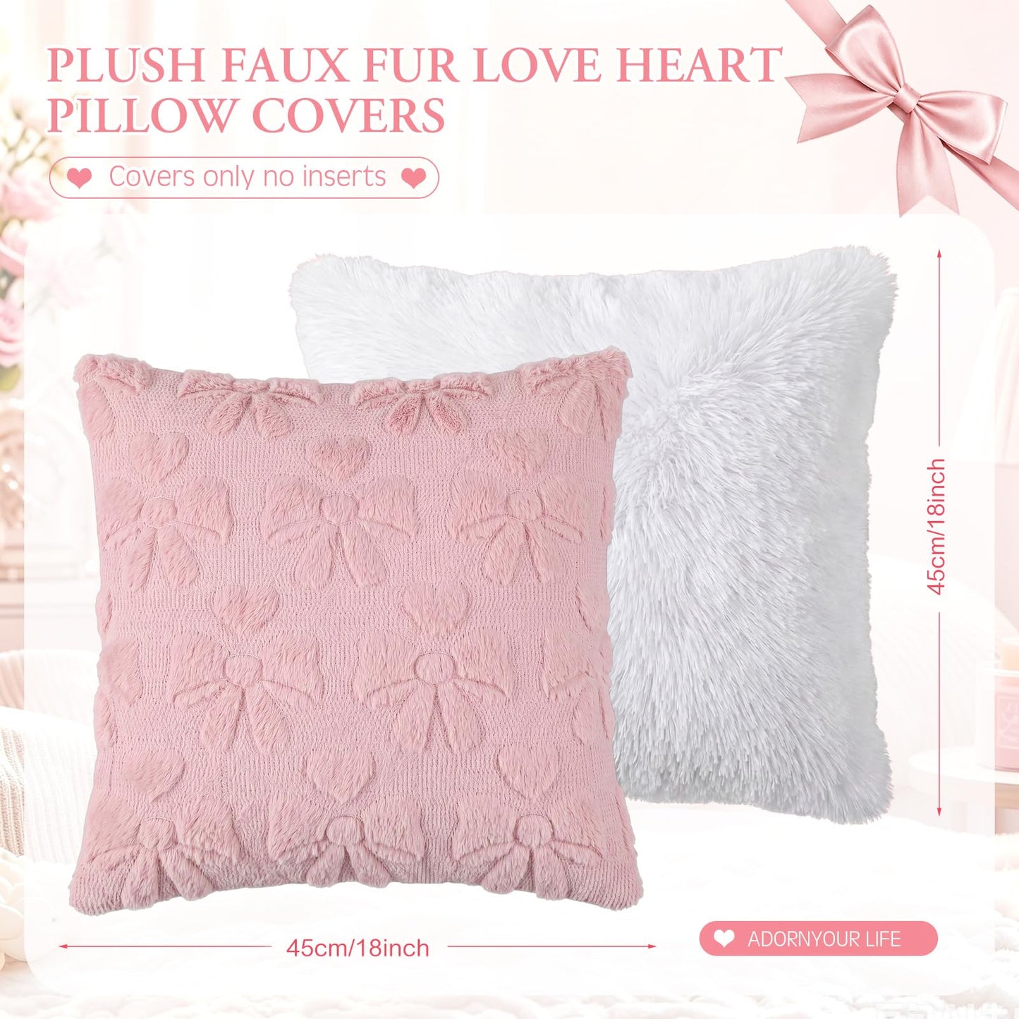 Mixweer 4 Pack Pink Bow Pillow Covers 18x18, Coquette Room Decor Soft Plush White Velvet Throw Pillow Covers, Cute Decorative Cushion Cases for Couch, Sofa, Bed, Girls Bedroom, Valentine’s Day Decor