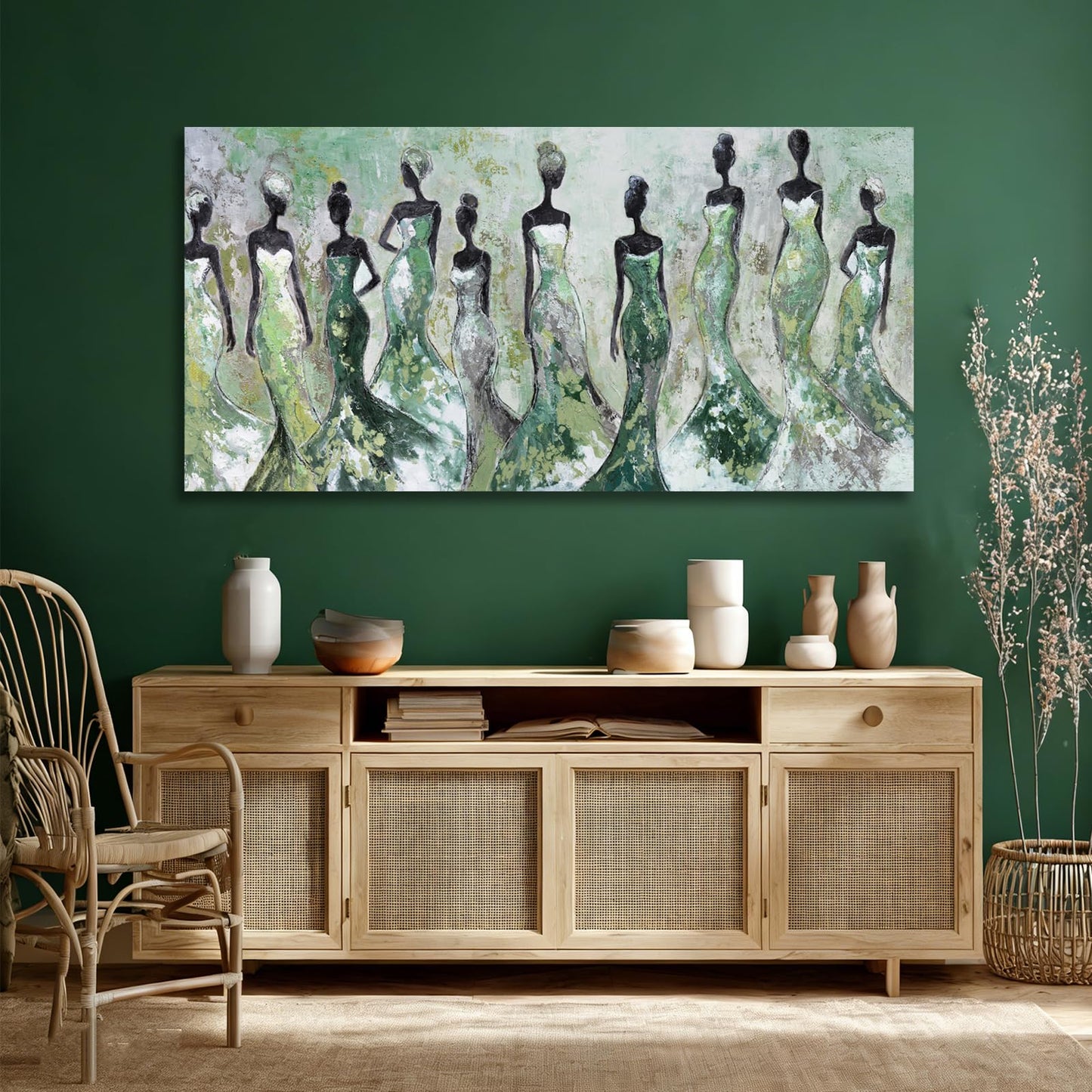 Dolidoteart Green Abstract Figure Wall Art, Black Modern Horizontal Canvas Print for Living Room, Bedroom, Dining Room or Office, Aesthetic Fashion Artwork, 24x48 Inch