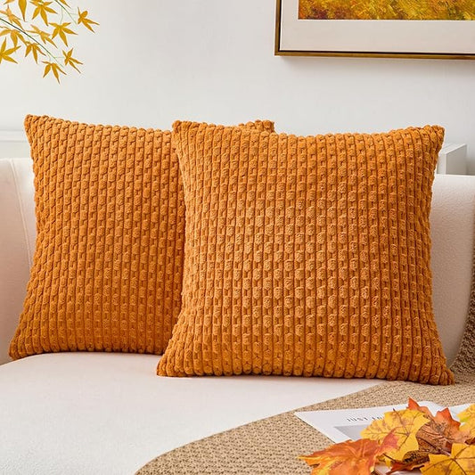 Kevin Textile Fall Throw Pillow Covers Soft Corduroy Decorative Set of 2 Boho Striped Pillow Covers Pillowcases Farmhouse Home Decor for Couch Bed Sofa Living Room 22x22 Inch Orange Yellow