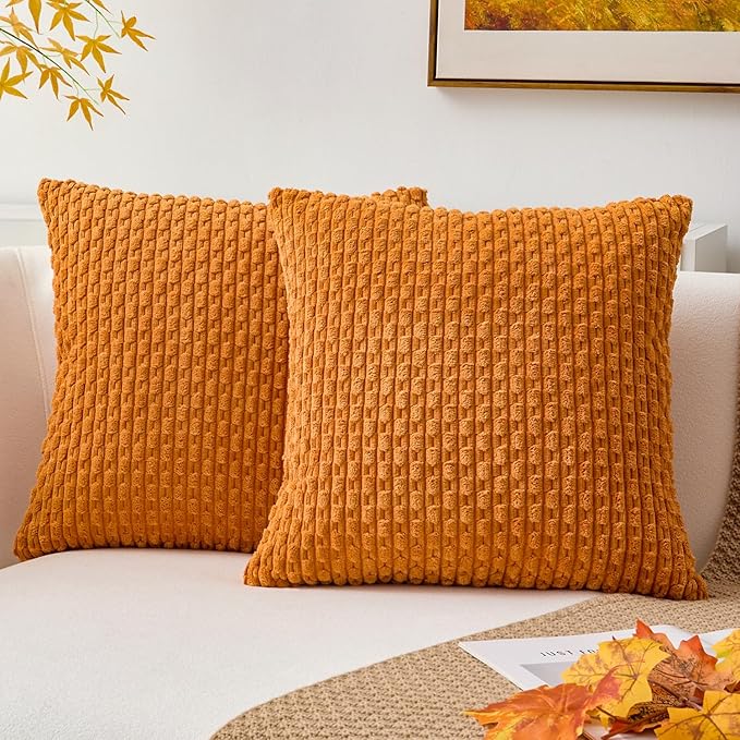 Kevin Textile Fall Throw Pillow Covers Soft Corduroy Decorative Set of 2 Boho Striped Pillow Covers Pillowcases Farmhouse Home Decor for Couch Bed Sofa Living Room 24x24 Inch Orange Yellow