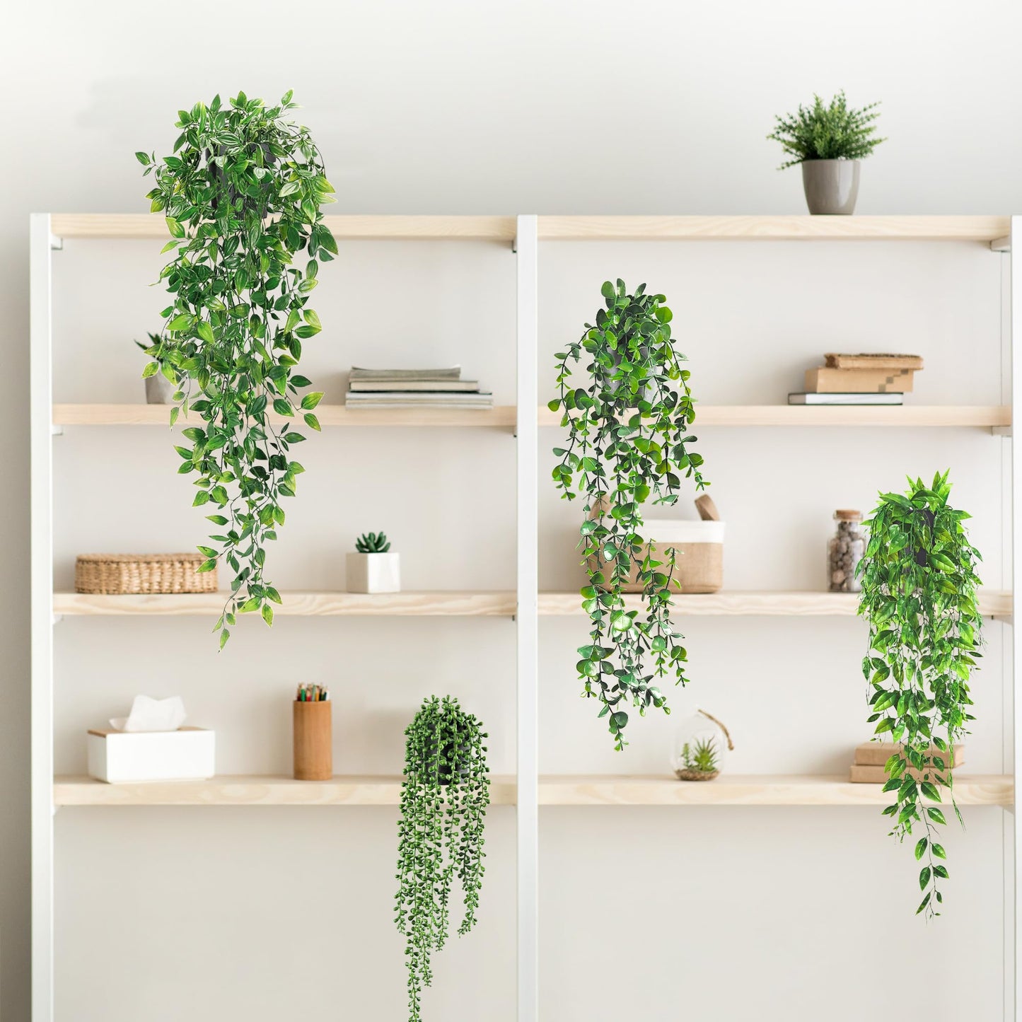 USLAI Artificial Hanging Plants Vine, Fake Potted Greenery Faux Eucalyptus, Mandala, String of Pearls, Pea Pod Leaves in Pot for Office Living Room Bathroom Indoor Outdoor Décor (4 Pack)