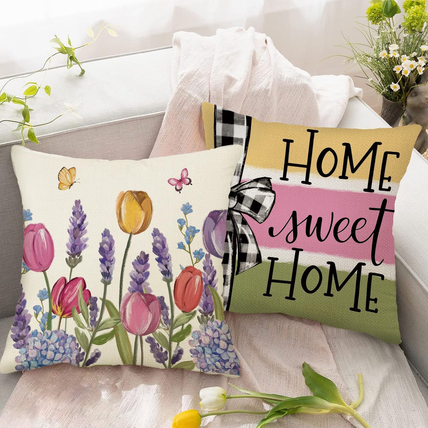 Tikeciti Spring Summer Tulips Pillow Covers Home Sweet Home 18 x 18 Inch Throw Pillows, Hydrangea Floral Farmhouse Seasonal Outdoor Indoor Decorative for Cushion Case Sofa Couch Set of 4