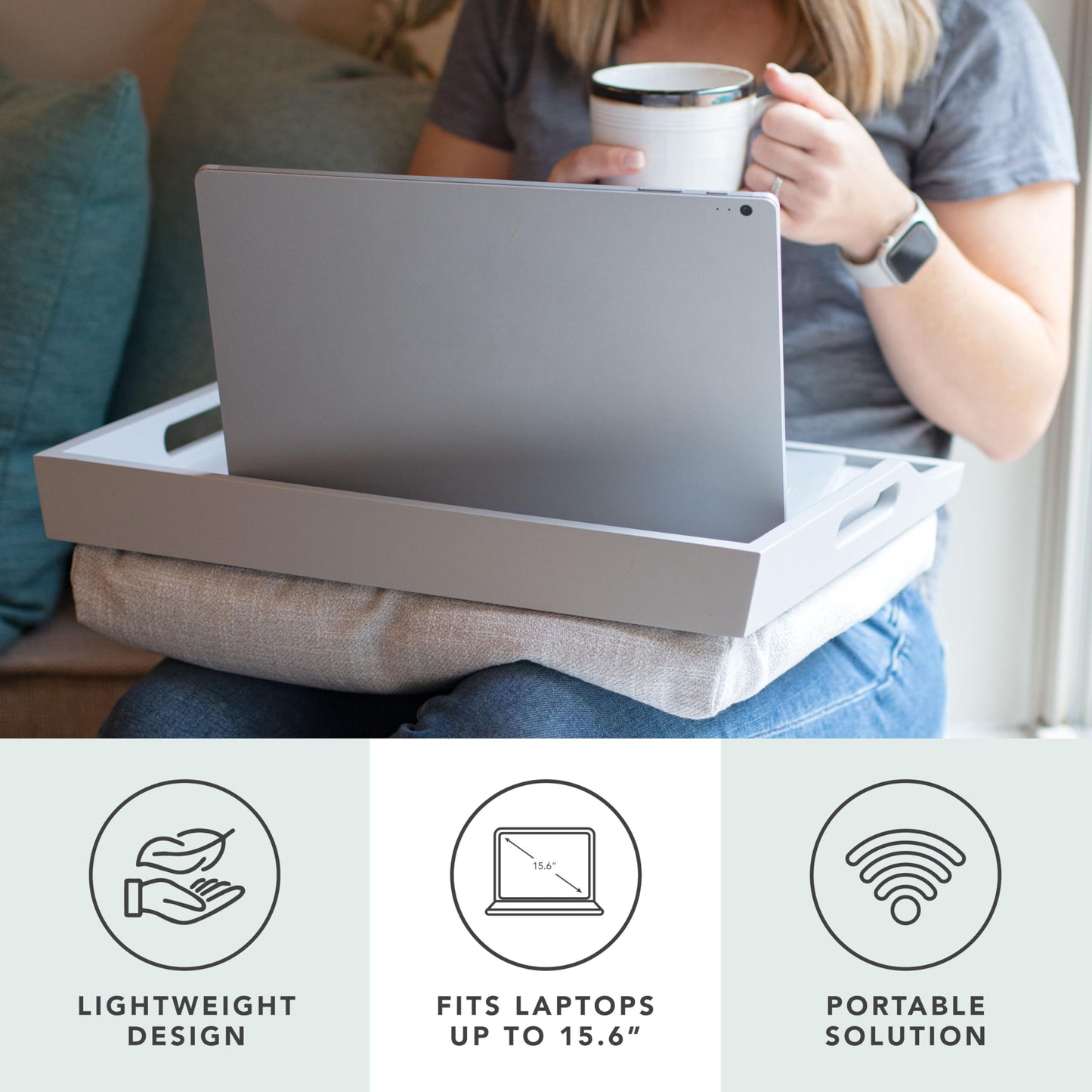 ROSSIE HOME Wood Bed Tray Lap Desk with Detachable Cushion, Serving Tray - Calming Gray - Fits up to 15.6 Inch Laptops - Style No. 76105