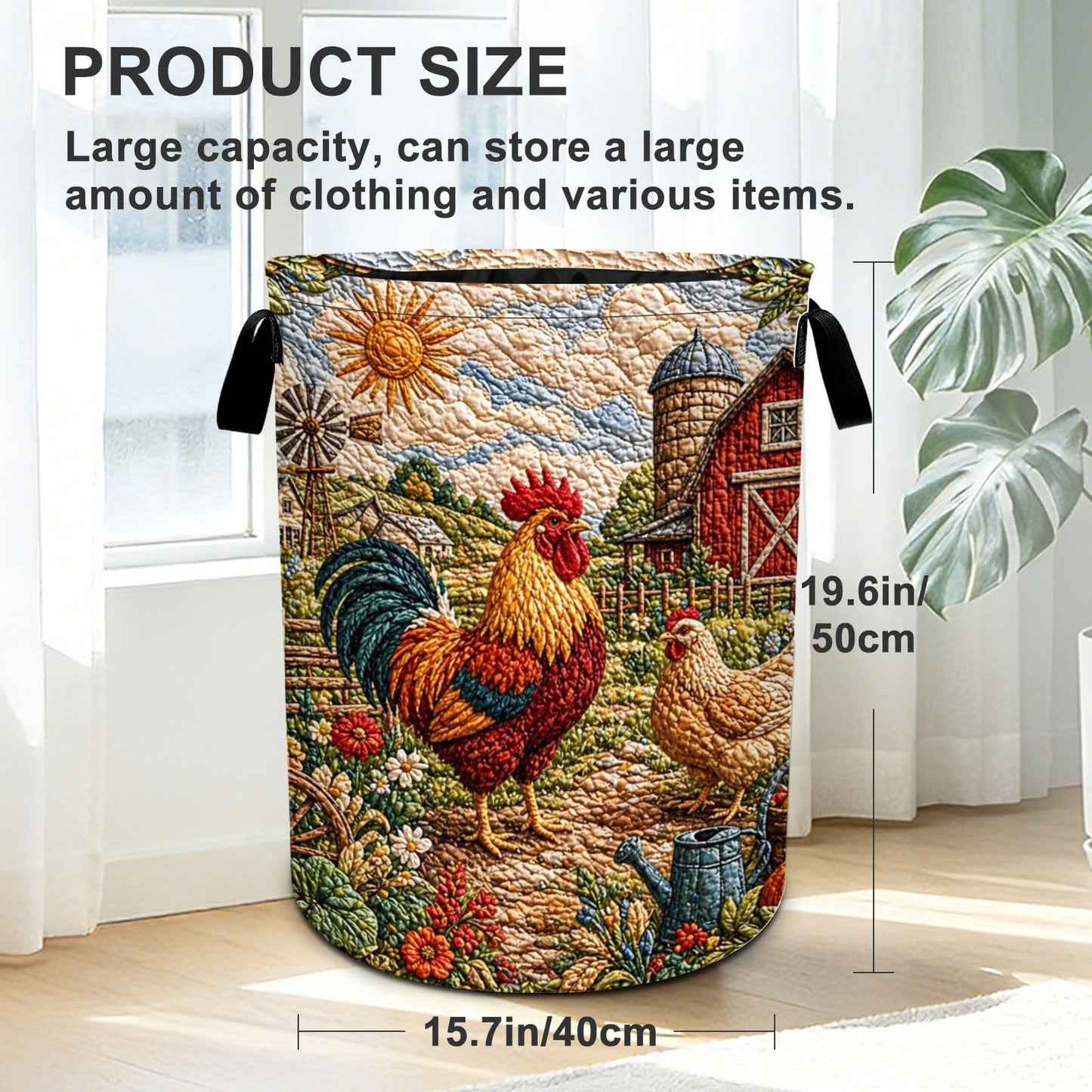 Rooster Print Laundry Basket Foldable Oxford Laundry Hamper With Handle For Room Bathroom Bedroom