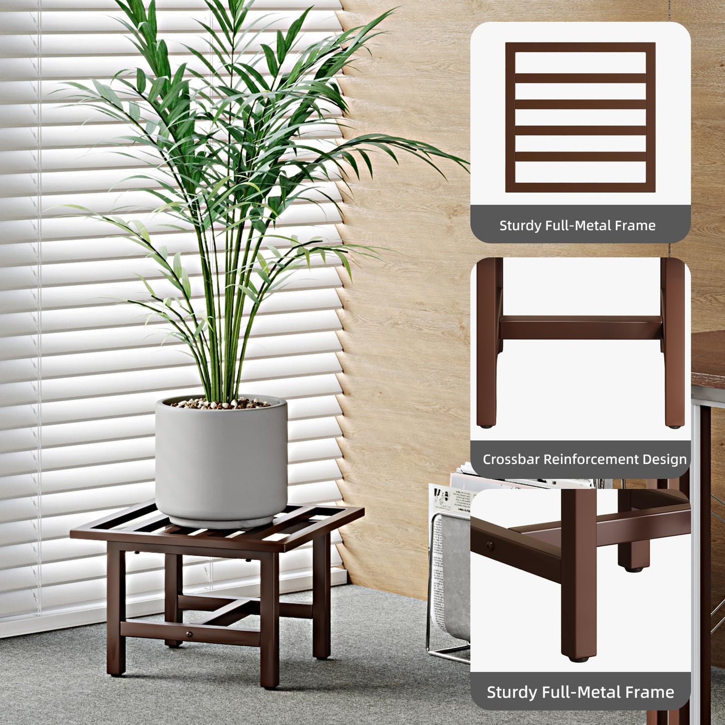 ZETONIQ Heavy Duty Metal Plant Stand Outdoor, 330 lbs Iron Square Plant Stand Indoor, Rustproof Low Pedestal for Large Flower Pots, Patio, Balcony, Garden Decor 2 Pack Coffee