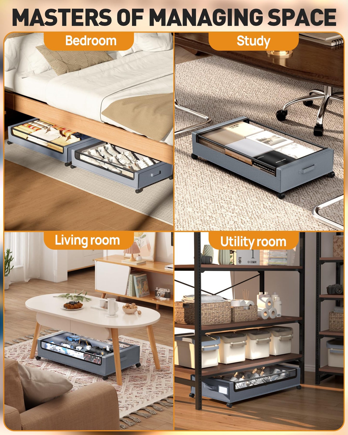 YEEBONIX Under Bed Storage with Wheels, Square Under Bed Storage Containers, 60L Under The Bed Storage Bins, Rolling Metal Drawer for Clothes, Blankets, Shoes...
