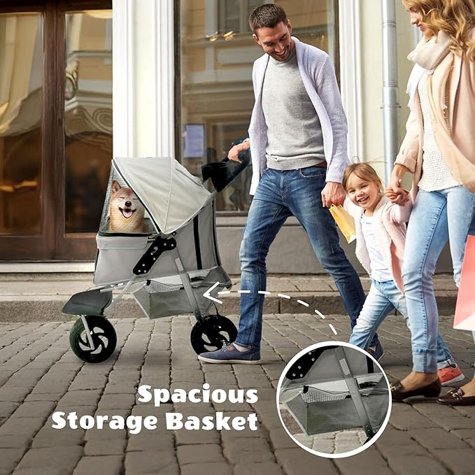 Critter Sitters 4-Wheel Dog Stroller for Medium or Large Sized Dogs & Cats with Scratch Resistant Breathable Mesh Windows and Safety Leash, Storage Basket, Cup Holders, Lockable Wheels, Light Grey