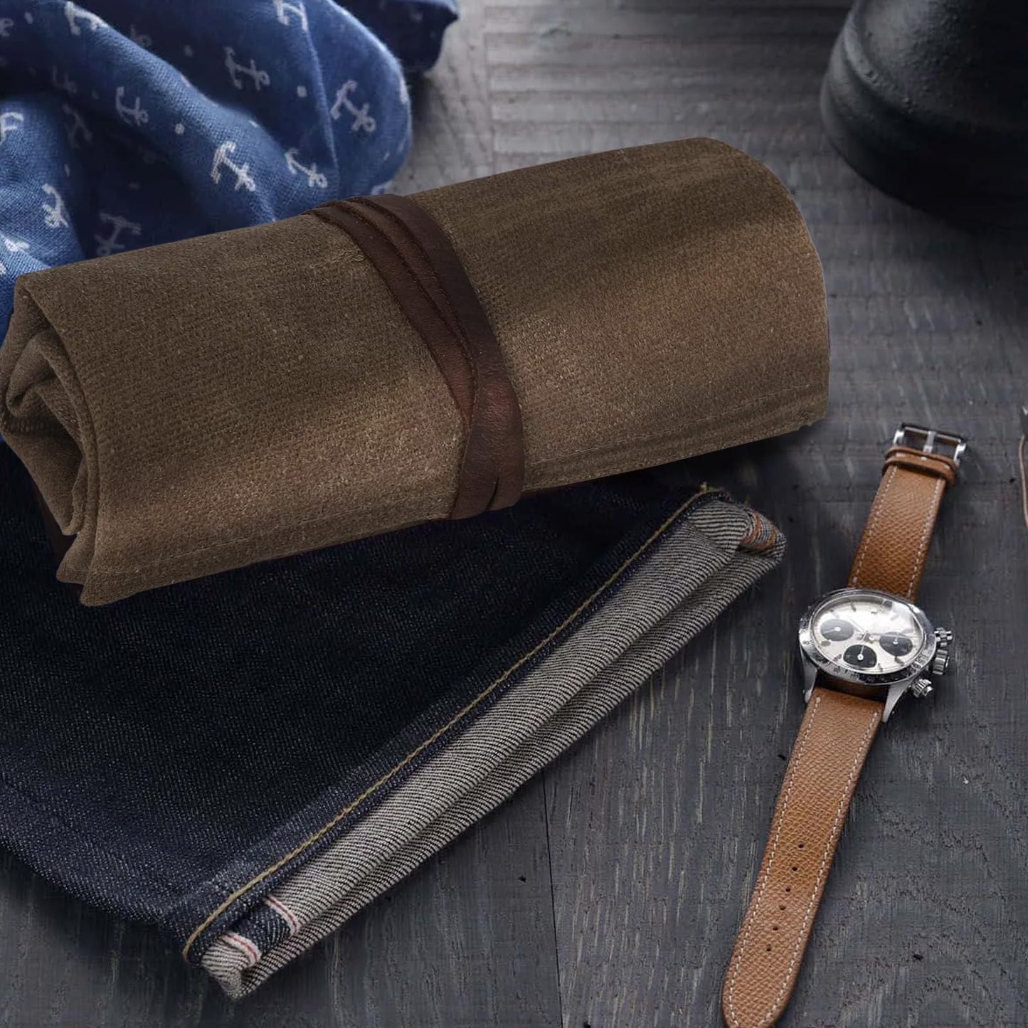 Travel Watch Roll Organizer with 6 Slots Handmade Watch Travel Case Roll-up Watch Organizer Storage Box Jewelry Roll Watch Travel Pouch Waxed Canvas Easy Carry On Watchlover Storage Gift for Men